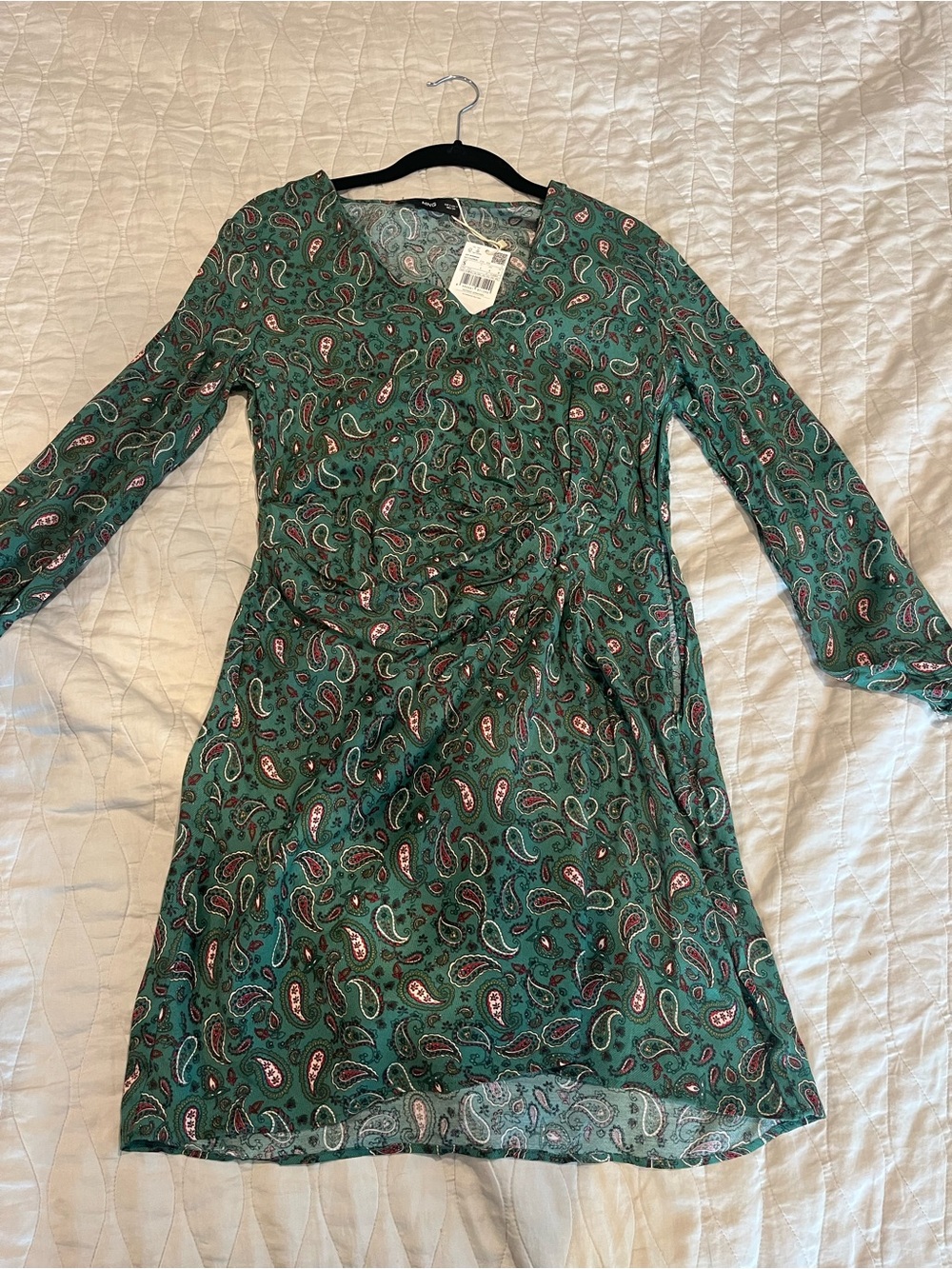 NEW Mango Green Paisley V-Neck Long Sleeve Wrap Dress - Small - Picture 3 of 9